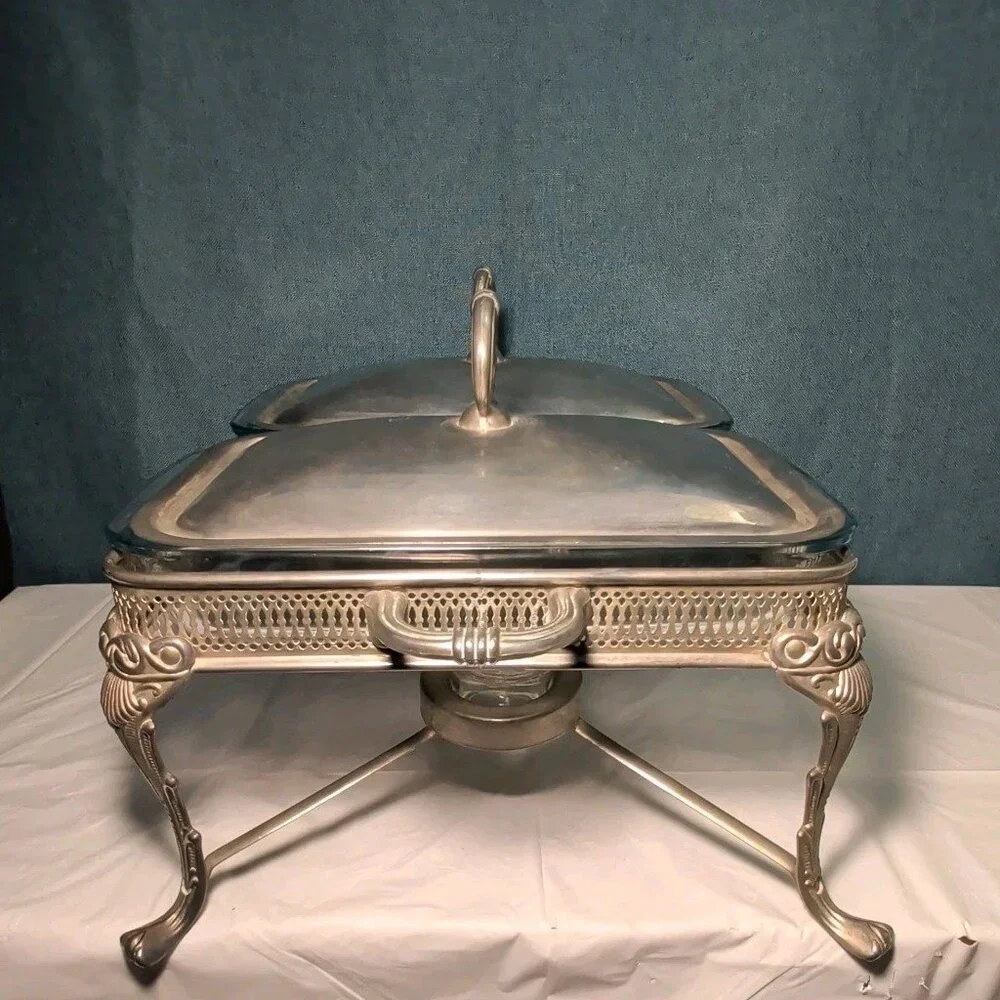 Silver Plated Double Chafer 8 Qt Buffet Server 2 Marinex Glass Pans Lion Feet